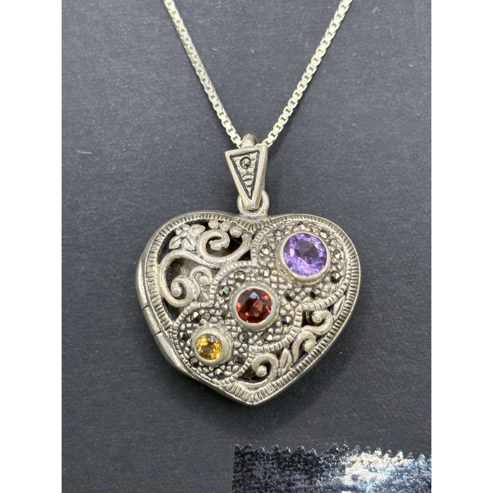 Sterling Silver Genuine Gemstone Heart Locket Pendant Necklace 14 Grams G6
